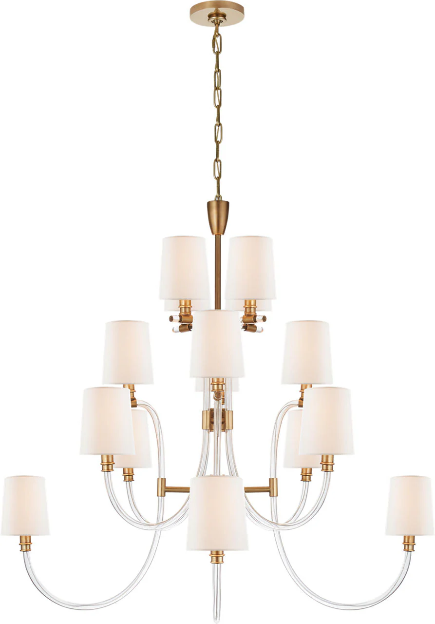 Clarice Large Chandelier | Clear Acrylic and Antique-Burnished Brass | Linen Shades - Image 1