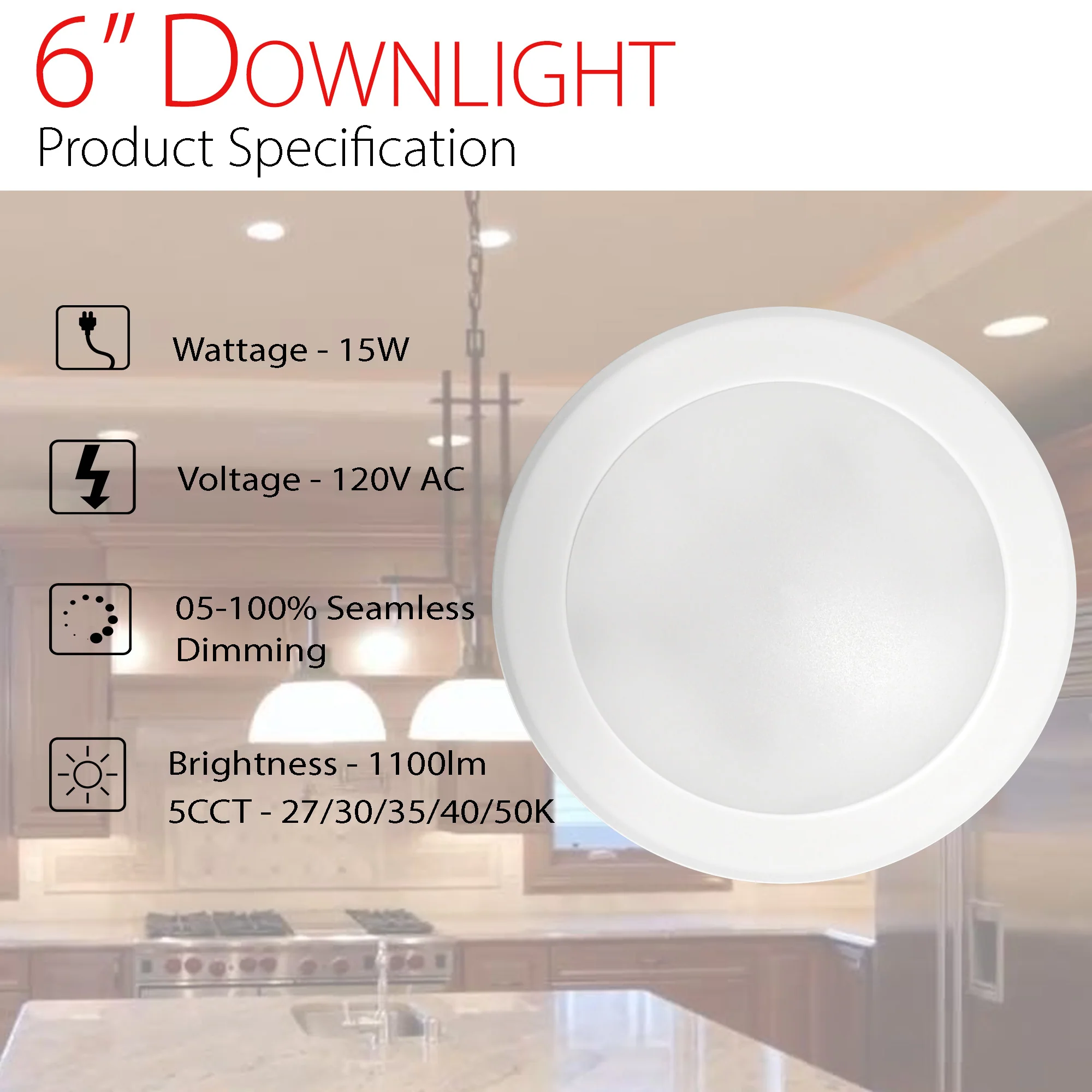 1100 Lumens 15W - 6" LED Flush Mount Disk Downlight - Color Selectable 5CCT(27/30/35/40/50K) #268 - Image 3