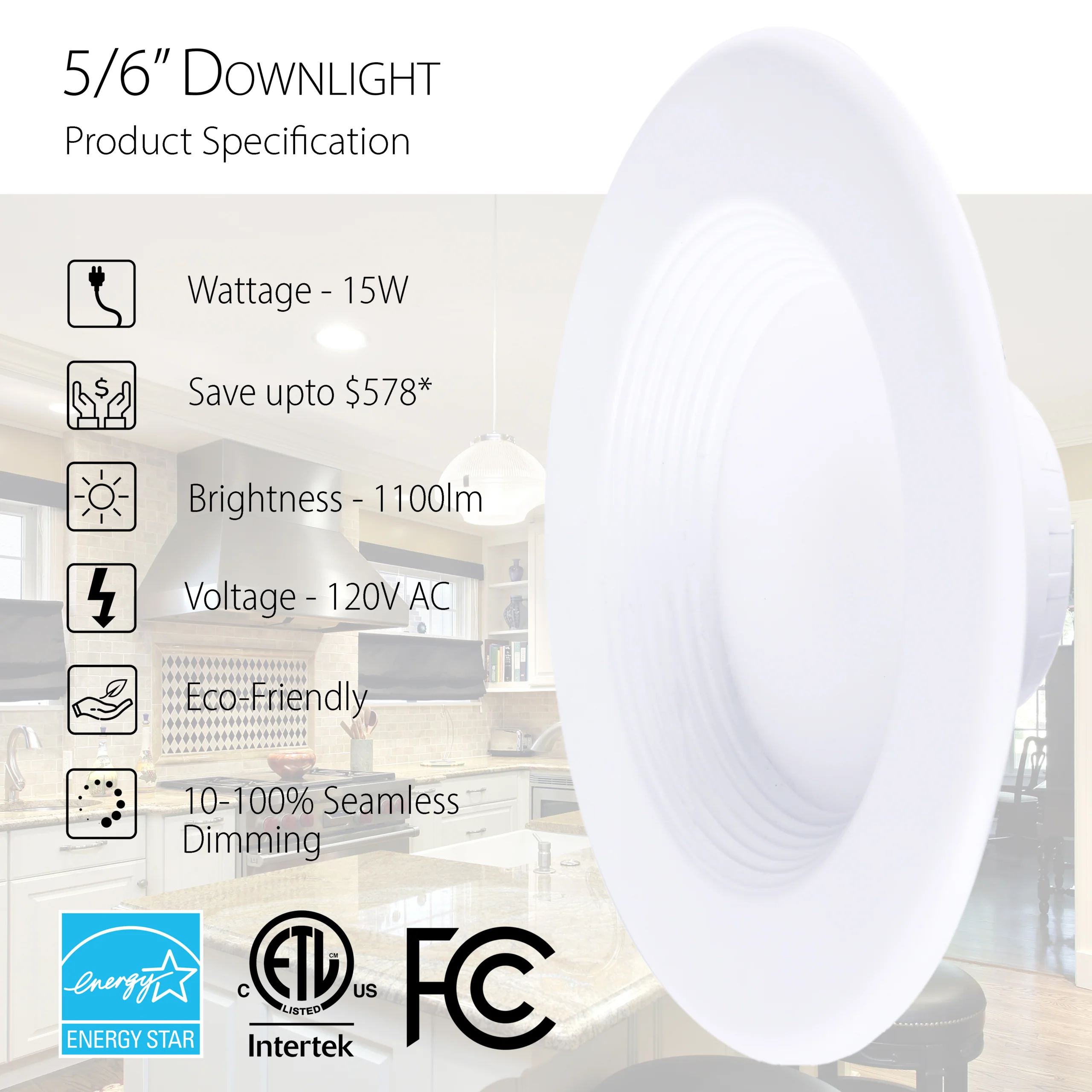 6" 15W LED Retrofit Recessed Downlight - 1100 lumens - 120W Equivalent- 120V-5CCT- 27/30/35/40/50K - Image 2