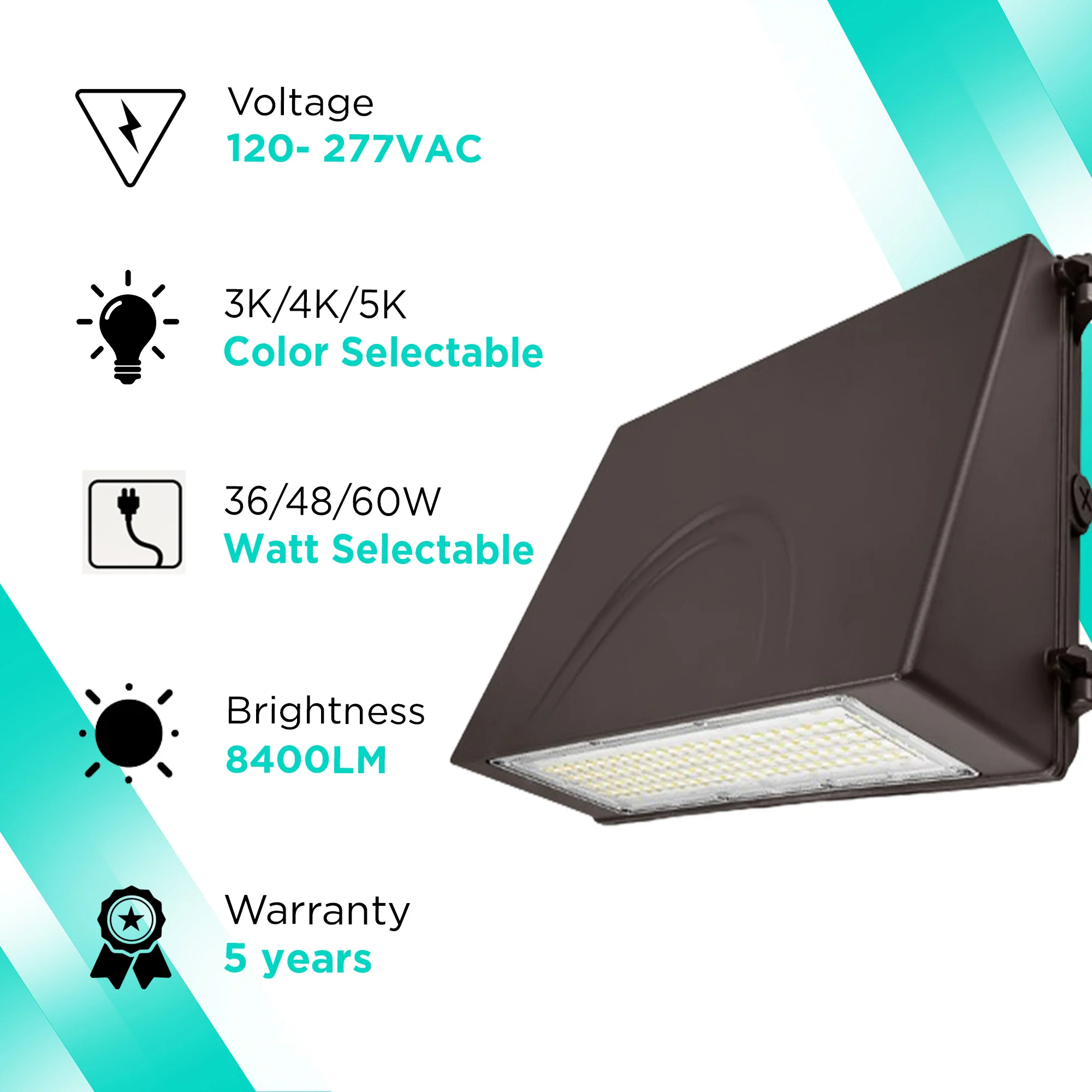 8700 Lumens Max - 60W Max - Watt and CCT Selectable (36/48/60W - 3K/4K/5K) - Full Cutoff LED Wall Pack IP65 UL-Listed #118 - Image 2