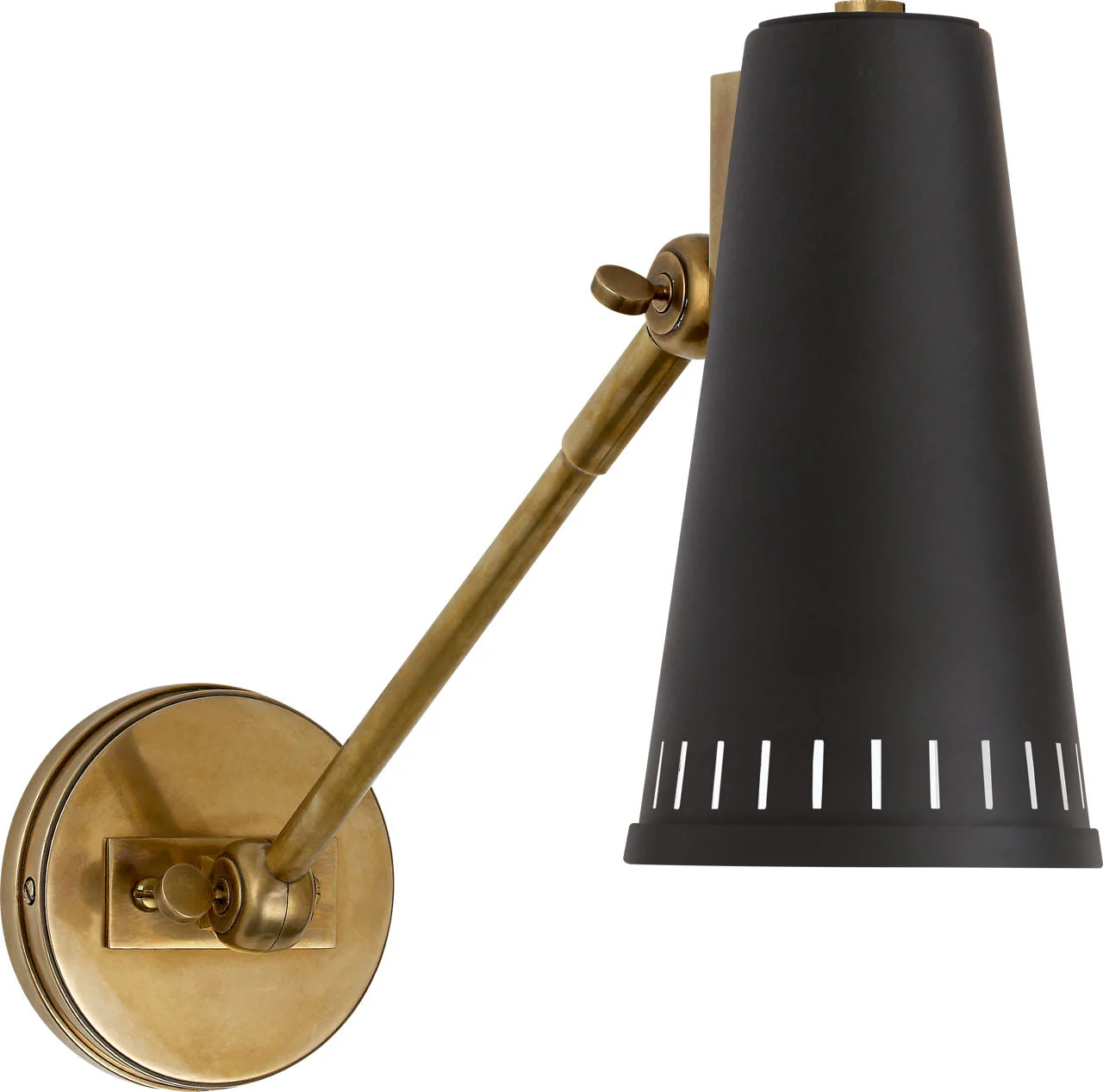 Antonio Adjustable One Arm Wall Lamp | Hand-Rubbed Antique Brass | Matte Black Shade - Image 1