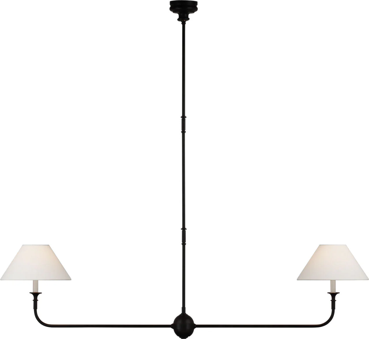 Piaf Large Two Light Linear Pendant | Aged Iron and Ebonized Oak | Linen Shades