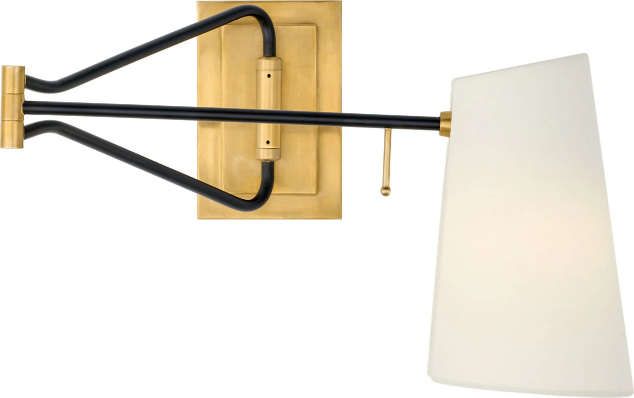 Keil Swing Arm Wall Light | Hand-Rubbed Antique Brass and Black | Linen Shade - Image 1