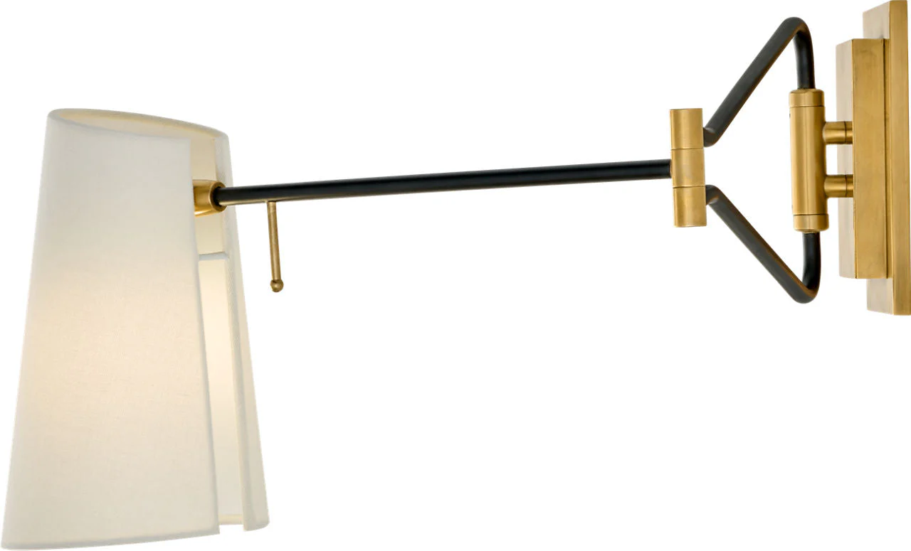 Keil Swing Arm Wall Light | Hand-Rubbed Antique Brass and Black | Linen Shade - Image 2