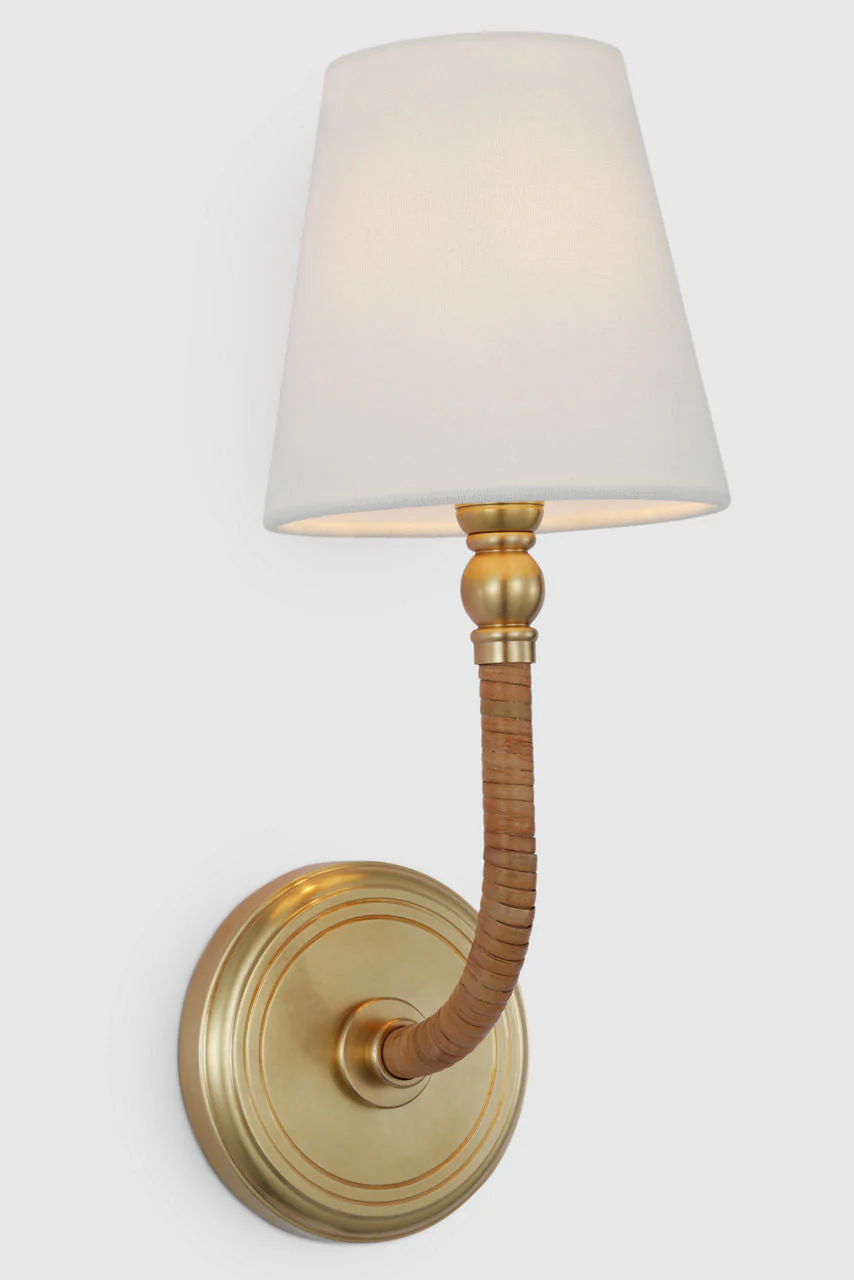 Basden Medium Sconce | Antique-Burnished Brass and Natural Rattan | Linen Shade - Image 2