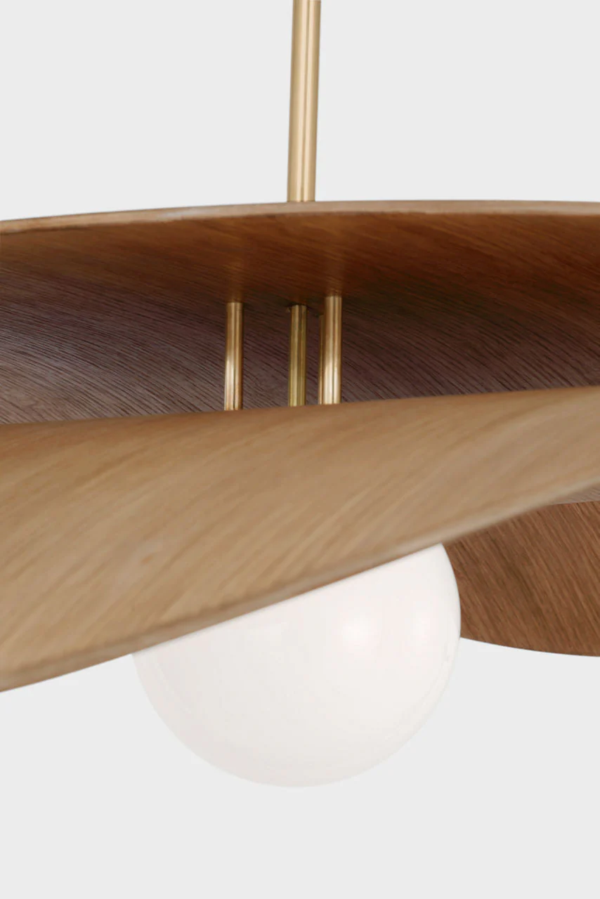 Mahalo 32" Tiered Pendant | Hand-Rubbed Antique Brass and Natural Oak | White Glass - Image 3