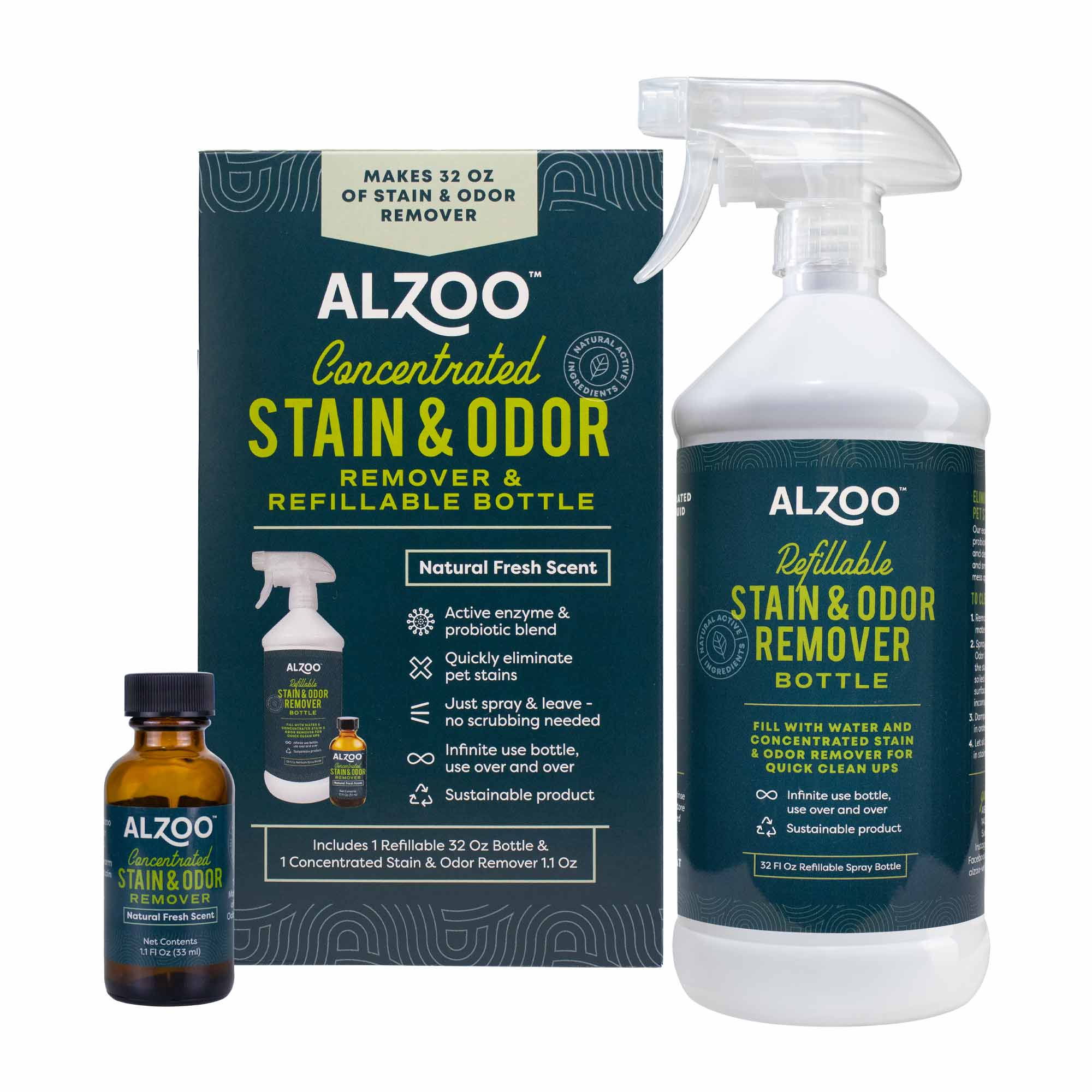 ALZOO Concentrated Enzyme-Based Pet Stain & Odor Remover Kit & Refill