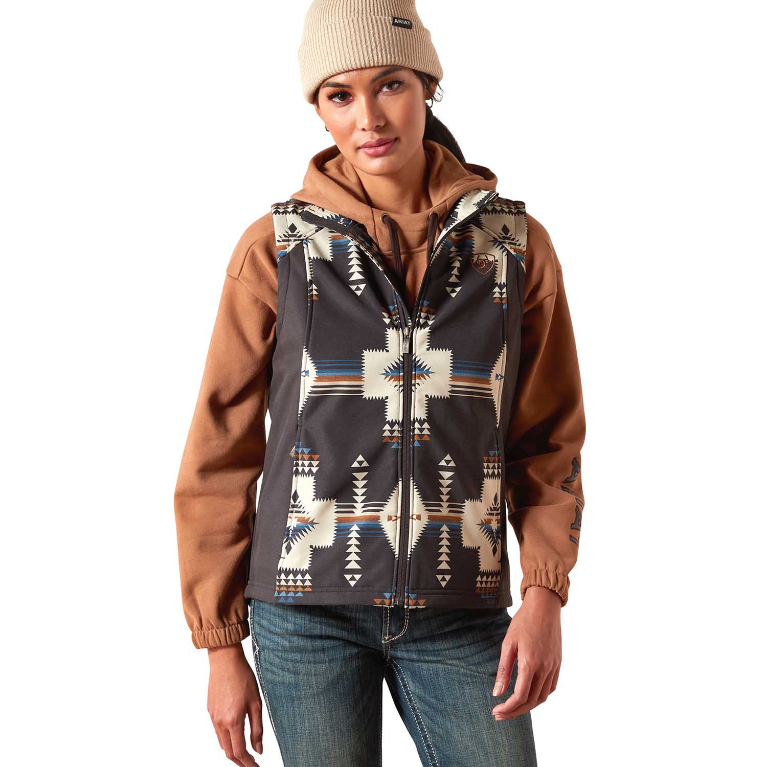 Ariat Womens Logo Softshell Western Print Vest – Durable Outdoor Layer with Zip Pockets - Image 1
