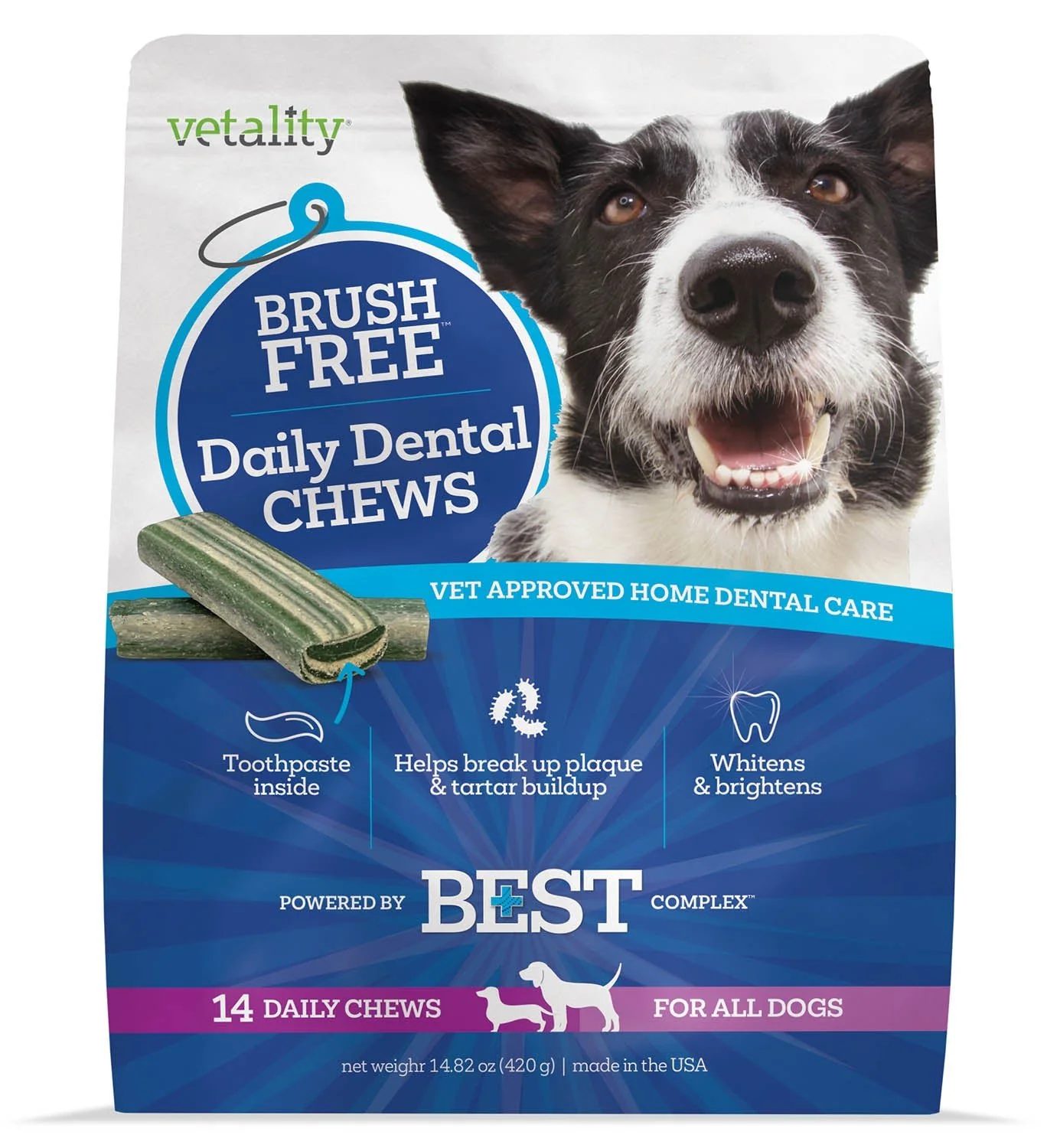 Vetality Brush Free Daily Dental Chews for Dogs, Plaque & Tartar Control, Fresh Breath - Image 1
