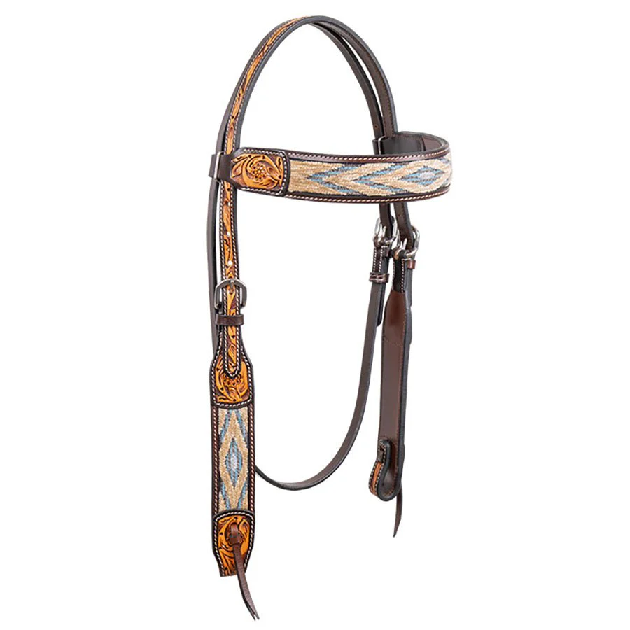 Cody Pro Blue & Beige Inlay Browband Headstall with Floral Tooling - Image 1