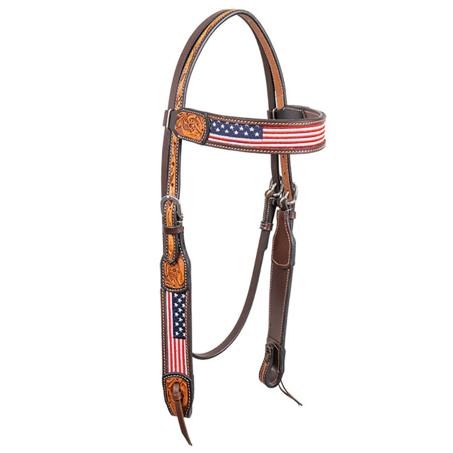 Cody Pro Stars & Stripes Browband Headstall with Floral Tooling - Image 1