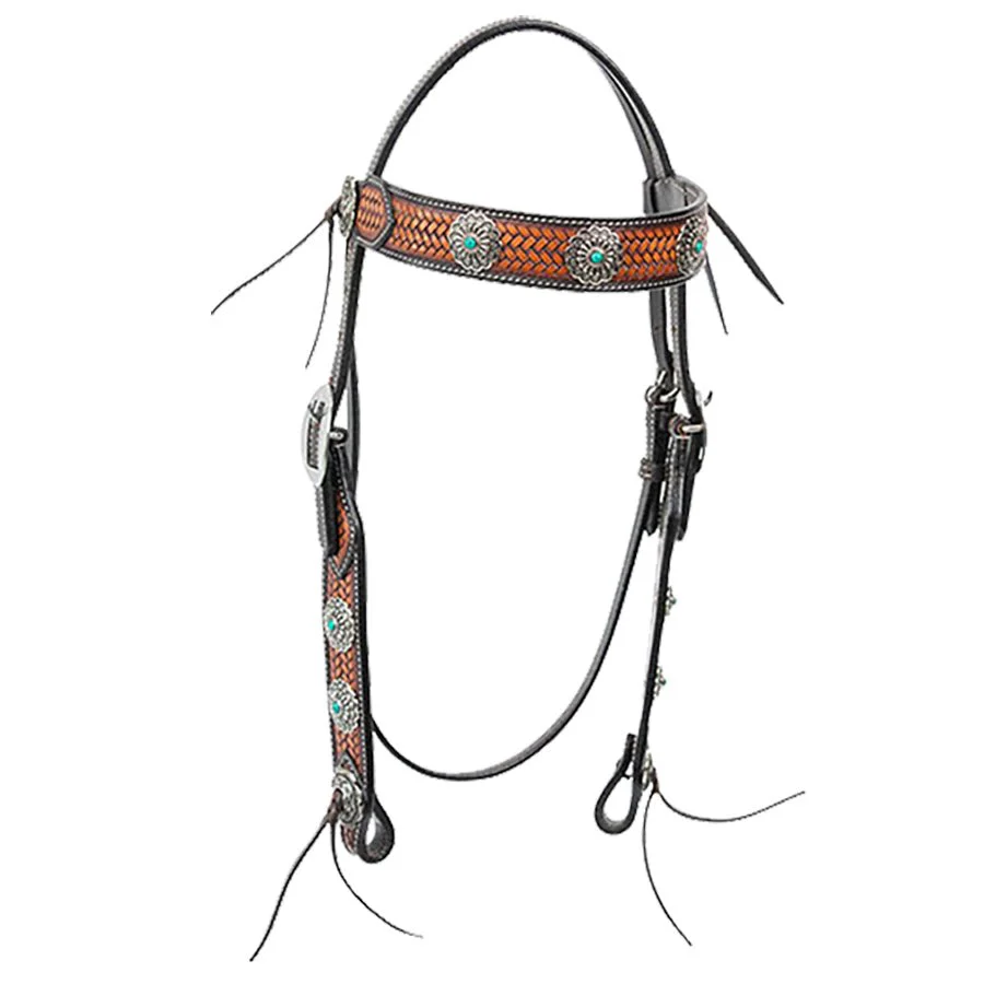 Cody Pro Turquoise Concho Browband Headstall with Basketweave Tooling - Image 1