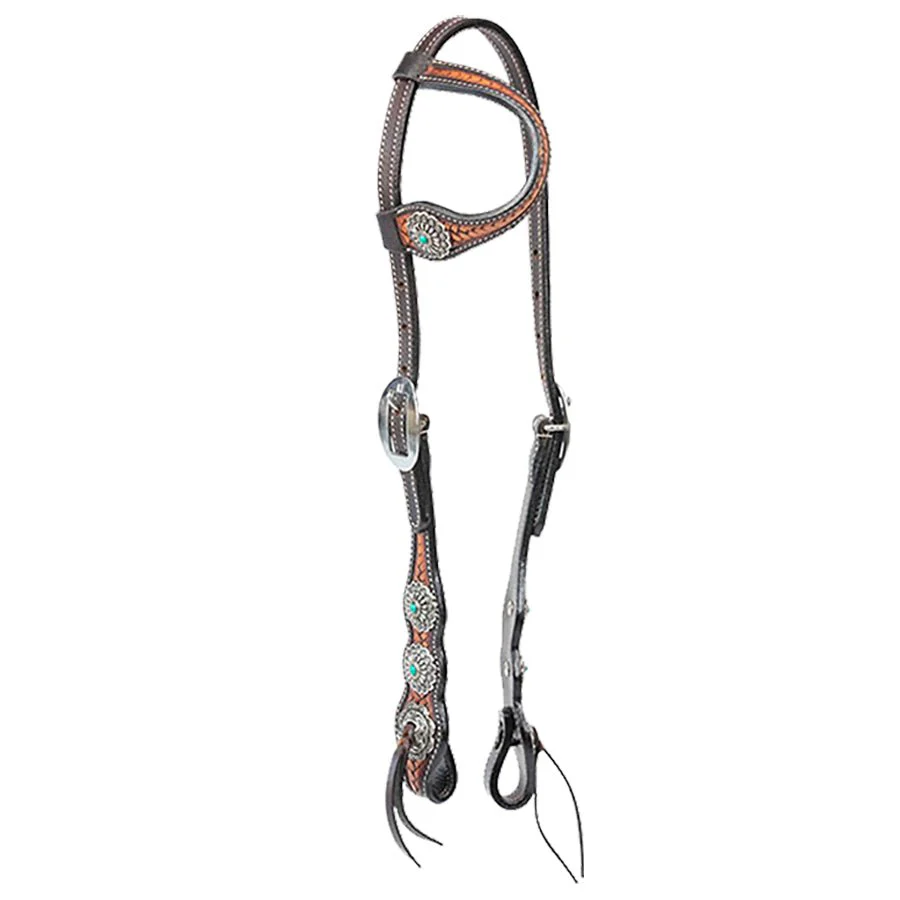 Cody Pro Turquoise Concho One Ear Headstall with Basketweave Tooling - Image 1