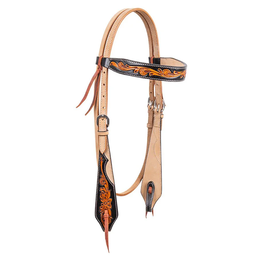 Cody Pro Two-Tone Carved Browband Headstall with Floral Tooling - Image 1