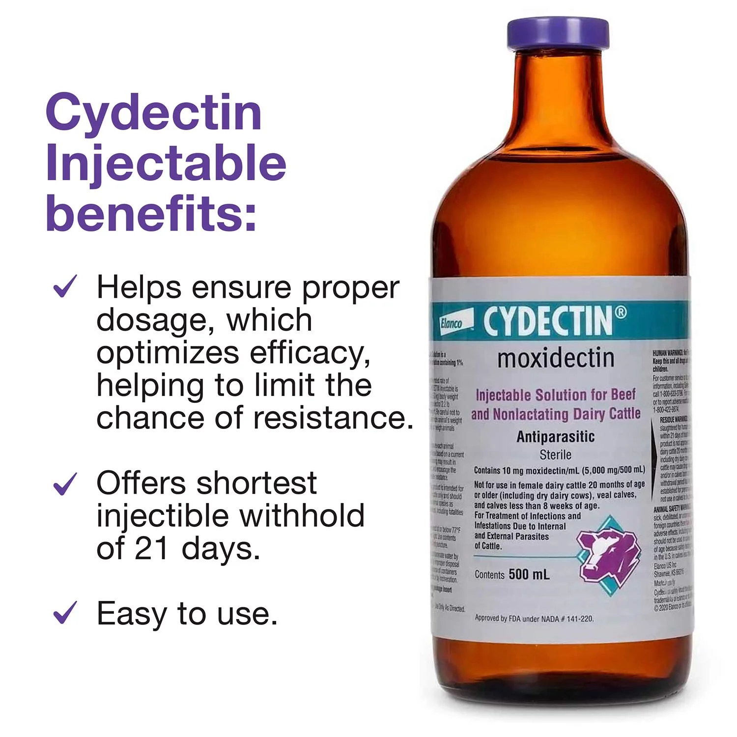 Cydectin Injectable Cattle Dewormer, 500 mL – Moxidectin Broad Spectrum Parasite Control & Applicator - Image 1