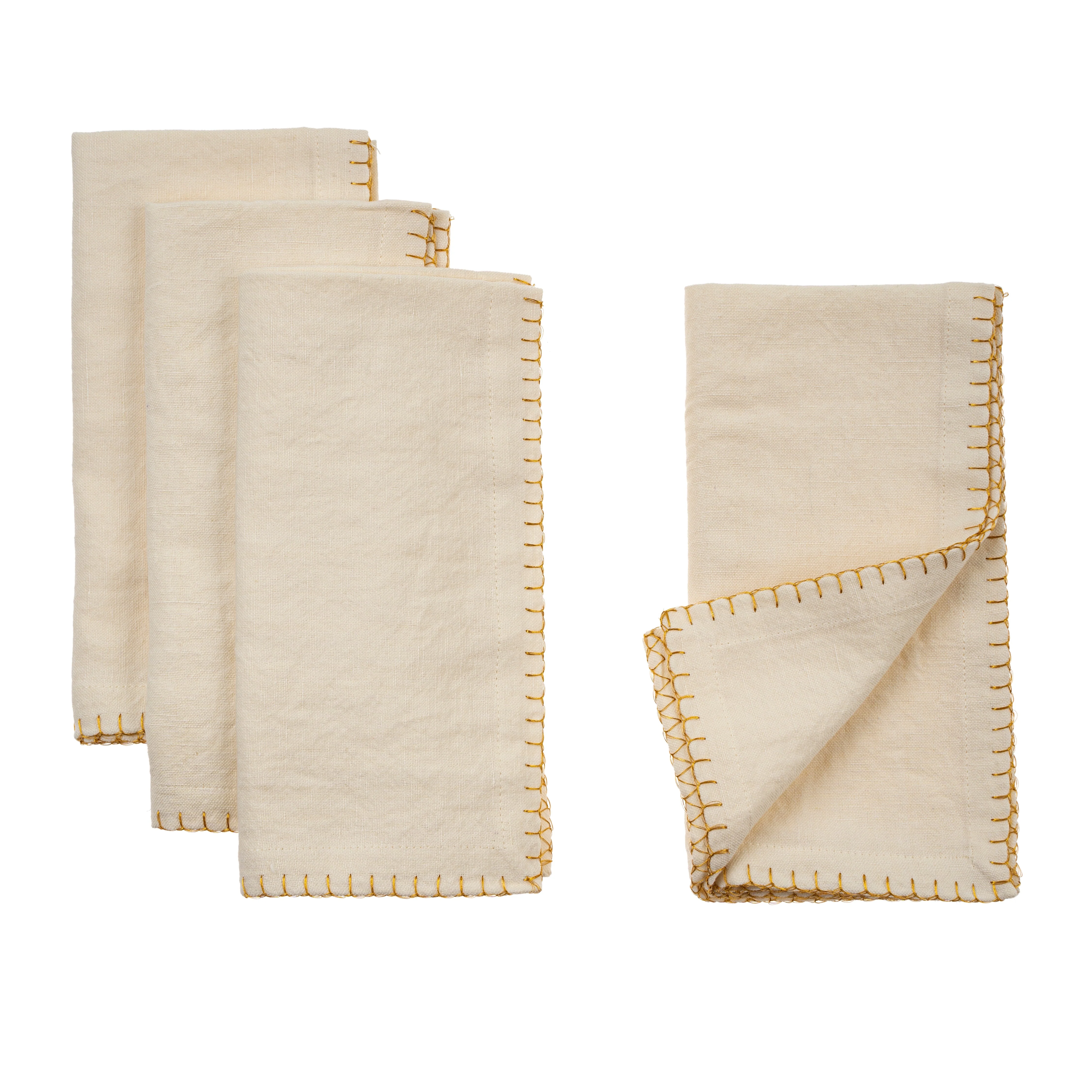 Gold Blanket Stitch Napkins S/4, Off-White - Image 1