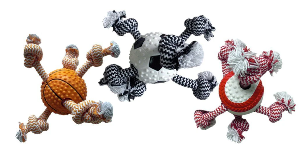 Doglucent TPR Ball with Rope Dog Toy – 9" Tug & Chew Toy (Assorted Sports Styles, 1 Count) - Image 1