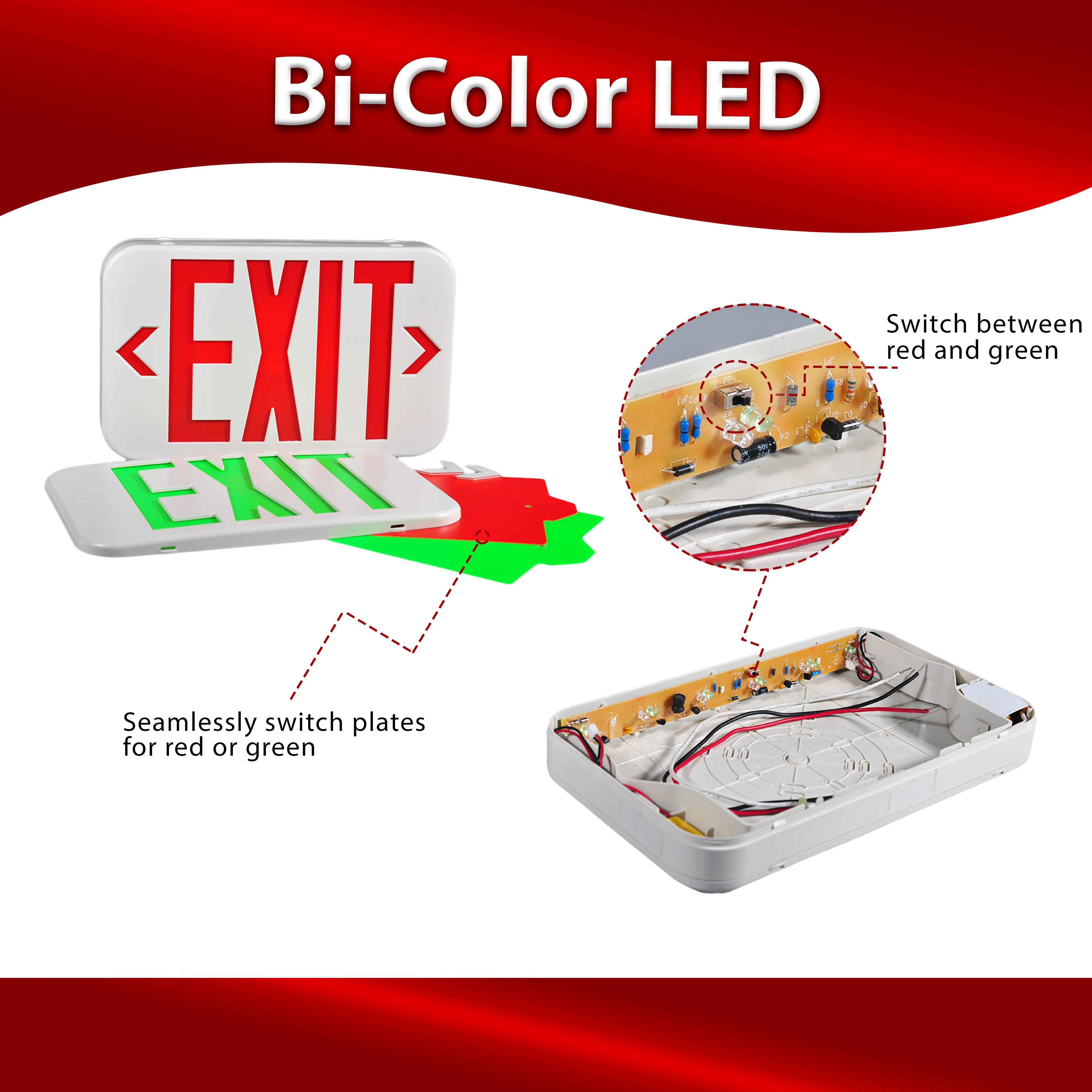 LED Exit Sign - Bi-Color Red/Green - 90+ Minute Emergency Operation #350 - Image 2
