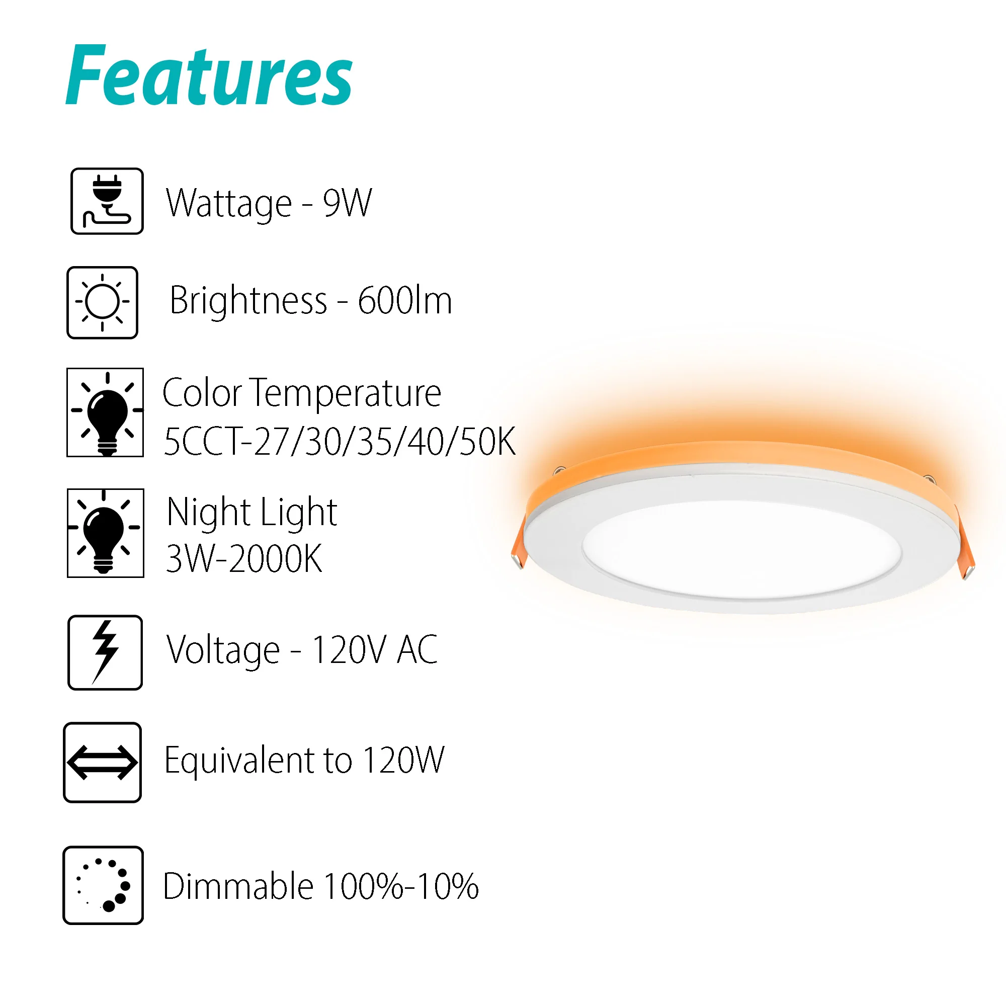 3BRIX 4 Inch 9W Slim Round Ultra-Thin Recessed Downlight with Night Light- 5CCT (27/30/35/40/50K)- 600 lumens #255 - Image 3
