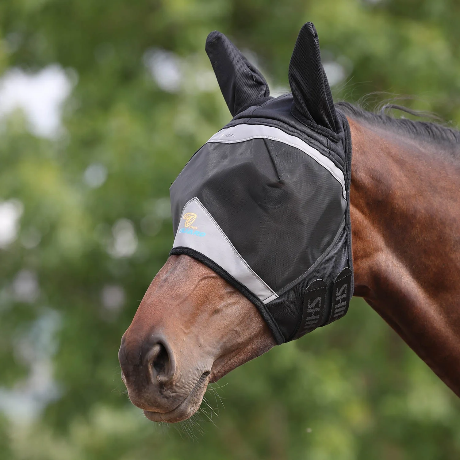 Flyguard Pro Fine Mesh Fly Mask with Ears for Horses, Black - Image 1
