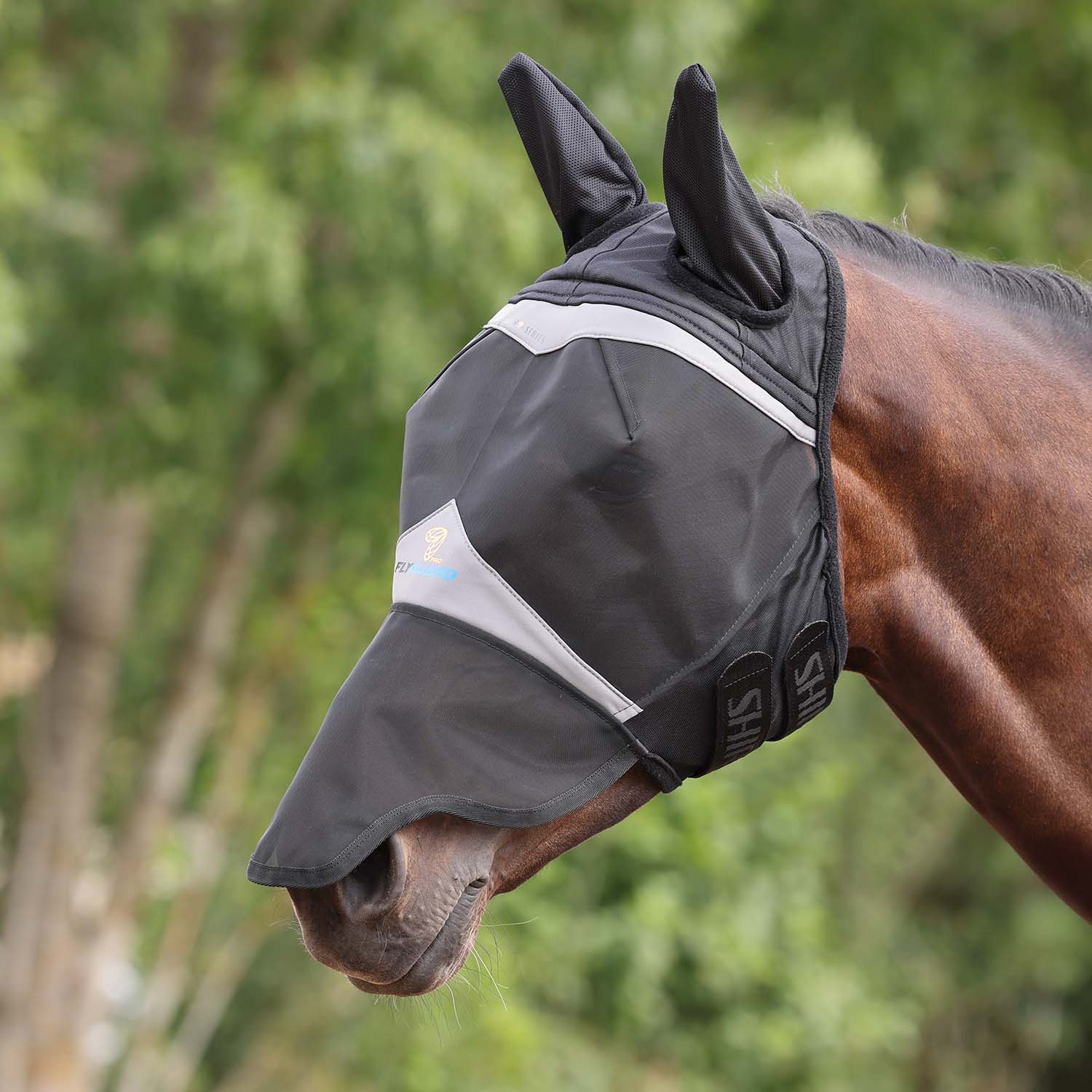 Flyguard Pro Fine Mesh Horse Fly Mask with Ears & Nose, Black - Image 1