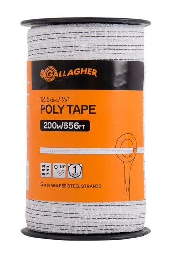 Gallagher 1/2" Poly Tape, 656 ft – Lightweight Electric Fence Tape, Five Conductive Strands, Lightweight and UV-Resistant, Ideal for Horses and Livestock on Short Fence Lines - Image 1