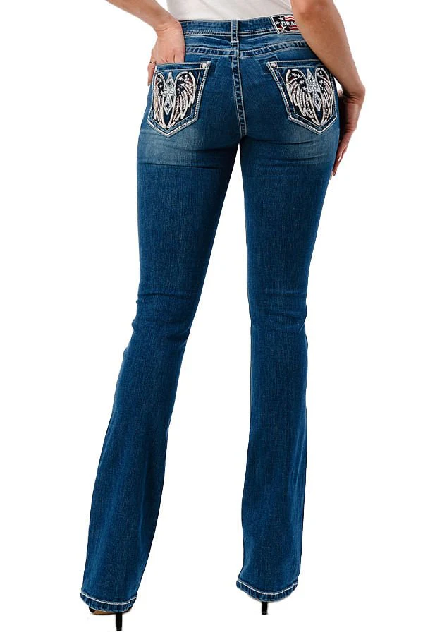 Grace in LA Women's Western Americana Wing Embellished Mid Rise Bootcut Jeans - Image 2
