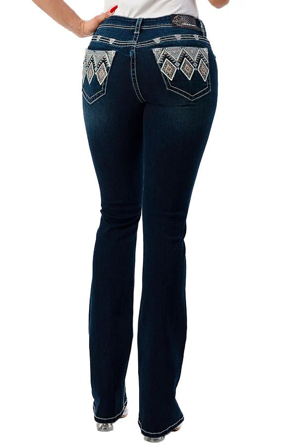Grace in LA Women's Western Aztec Embellished Mid Rise Bootcut Jeans - Image 2