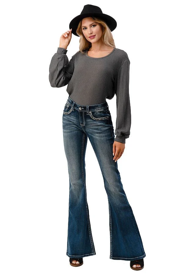 Grace in LA Women's Western Aztec Embellished Mid Rise Flare Jeans - Image 1