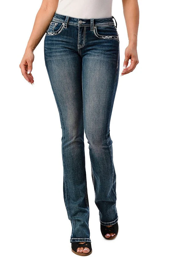 Grace in LA Women’s Western Cactus Embellished Mid Rise Bootcut Jeans