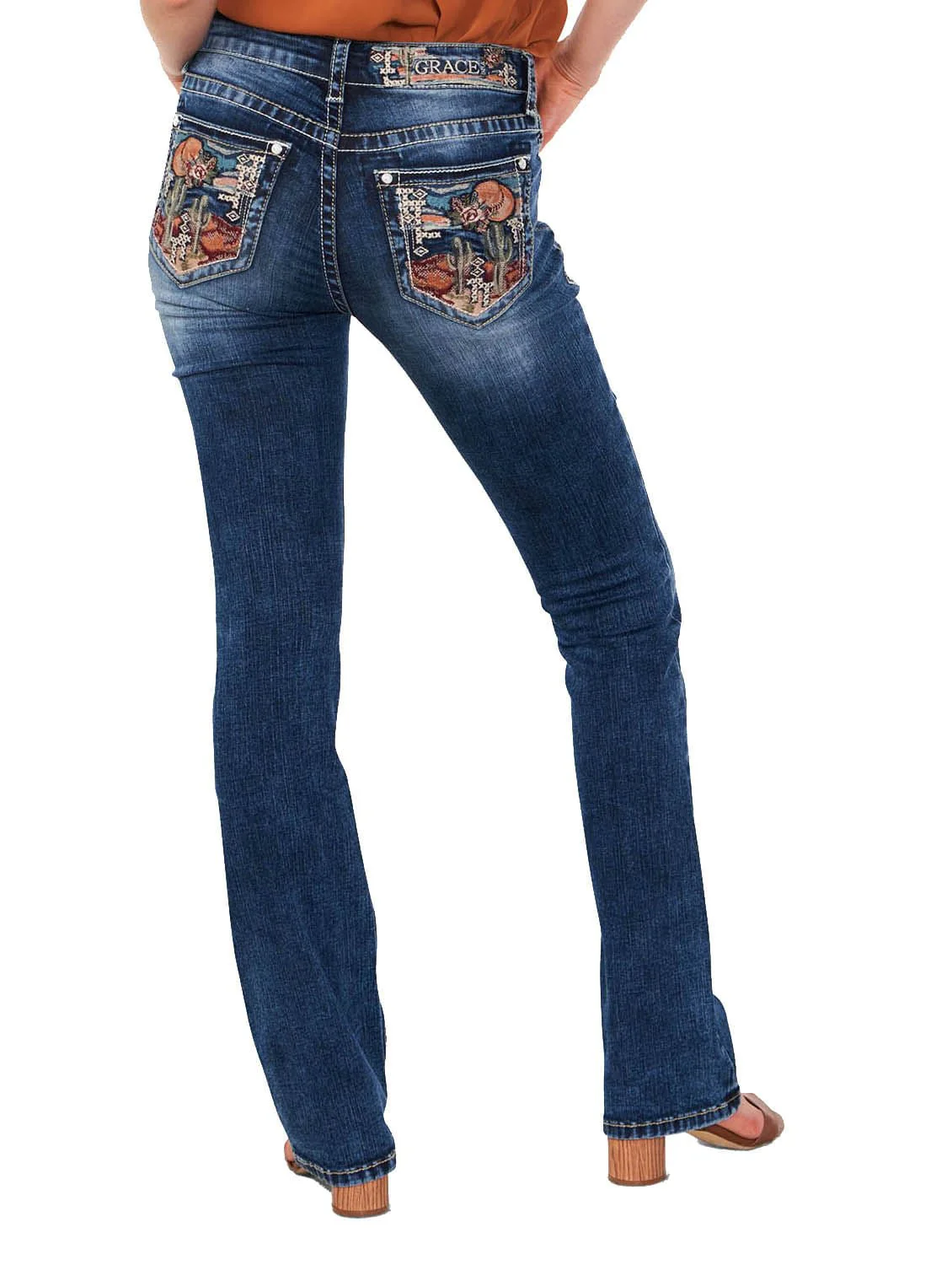 Grace in LA Women's Western Cactus Scene Embroidered Mid Rise Bootcut Jeans - Image 2