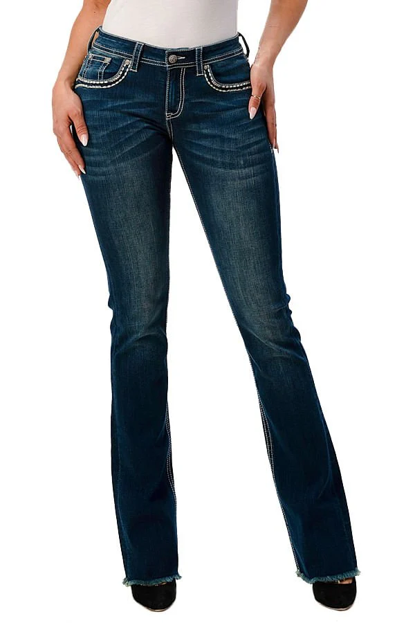 Grace in LA Women's Western Floral Steer Head Embellished Mid Rise Bootcut Jeans - Image 1