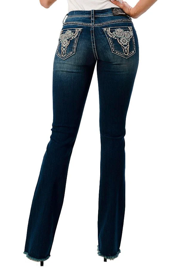 Grace in LA Women's Western Floral Steer Head Embellished Mid Rise Bootcut Jeans - Image 2