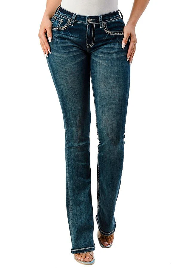 Grace in LA Women's Western Horse Embroidered Mid Rise Bootcut Jeans - Image 1