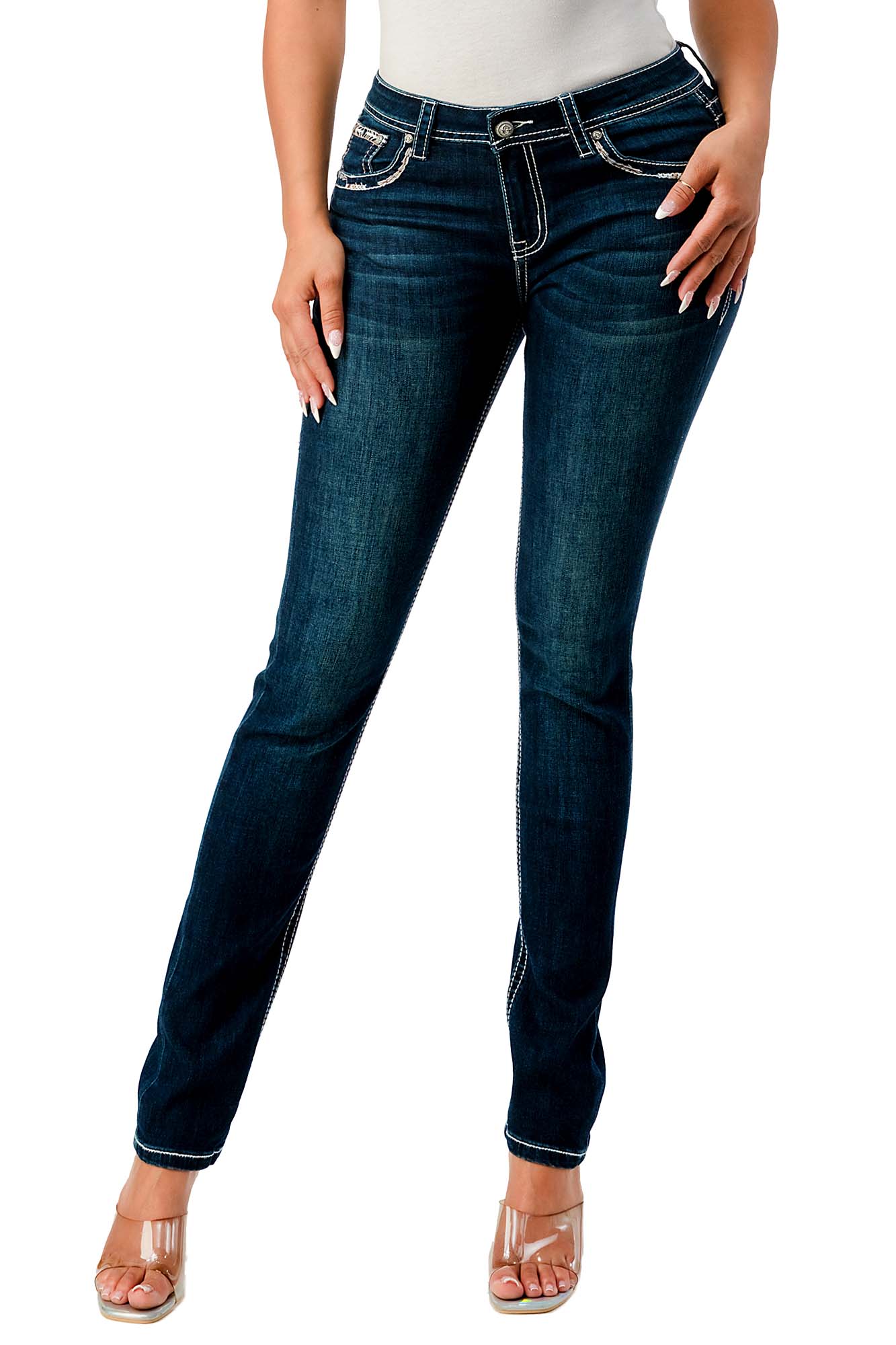 Grace in LA Women's Western Steer Head Embellished Mid Rise Skinny Jeans - Image 1