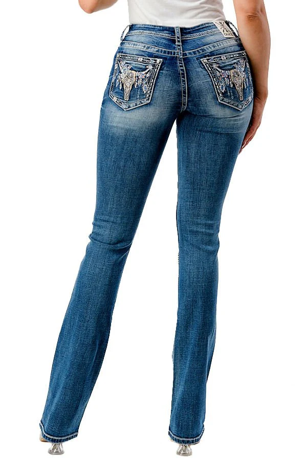 Grace in LA Women's Western Steer Head Embroidered Mid Rise Bootcut Jeans - Image 2