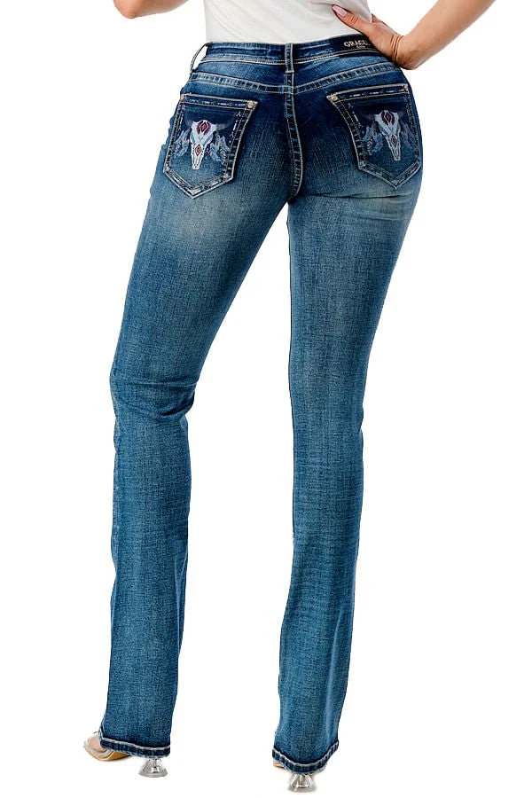 Grace in LA Women's Western Steer Head Print Mid Rise Bootcut Jeans - Image 2