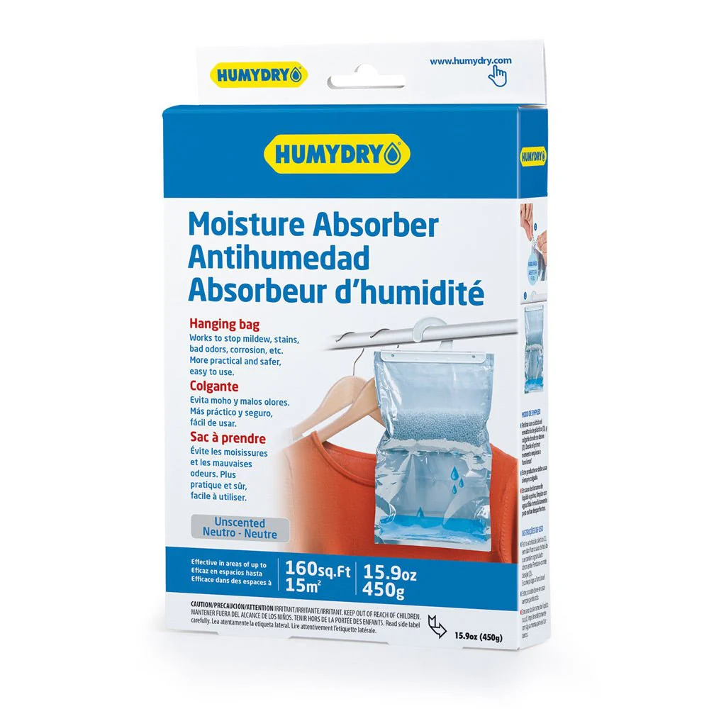Humydry Moisture Absorber Hanging Bag 15.9 oz – Unscented or Wool Protector Dehumidifier for Closets, RVs & Basements