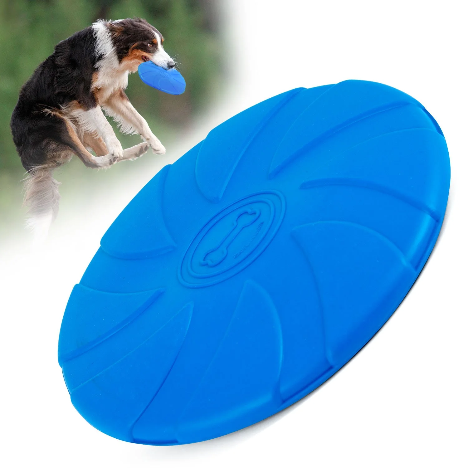 Jeffers Blue Bone Stamped Frisbee Natural Rubber 8 Inch Dog Toy for Fetching & Chewing - Image 1