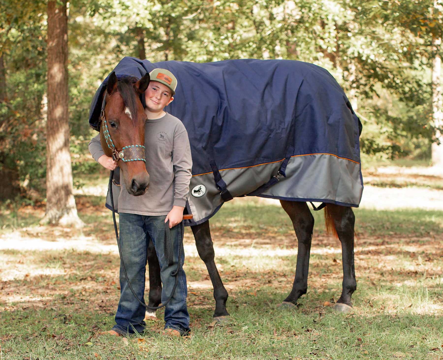 Jeffers Economy Plus Combo Neck Horse Turnout Blanket, 1200D, 360g Fill, Navy/Gray - Image 1