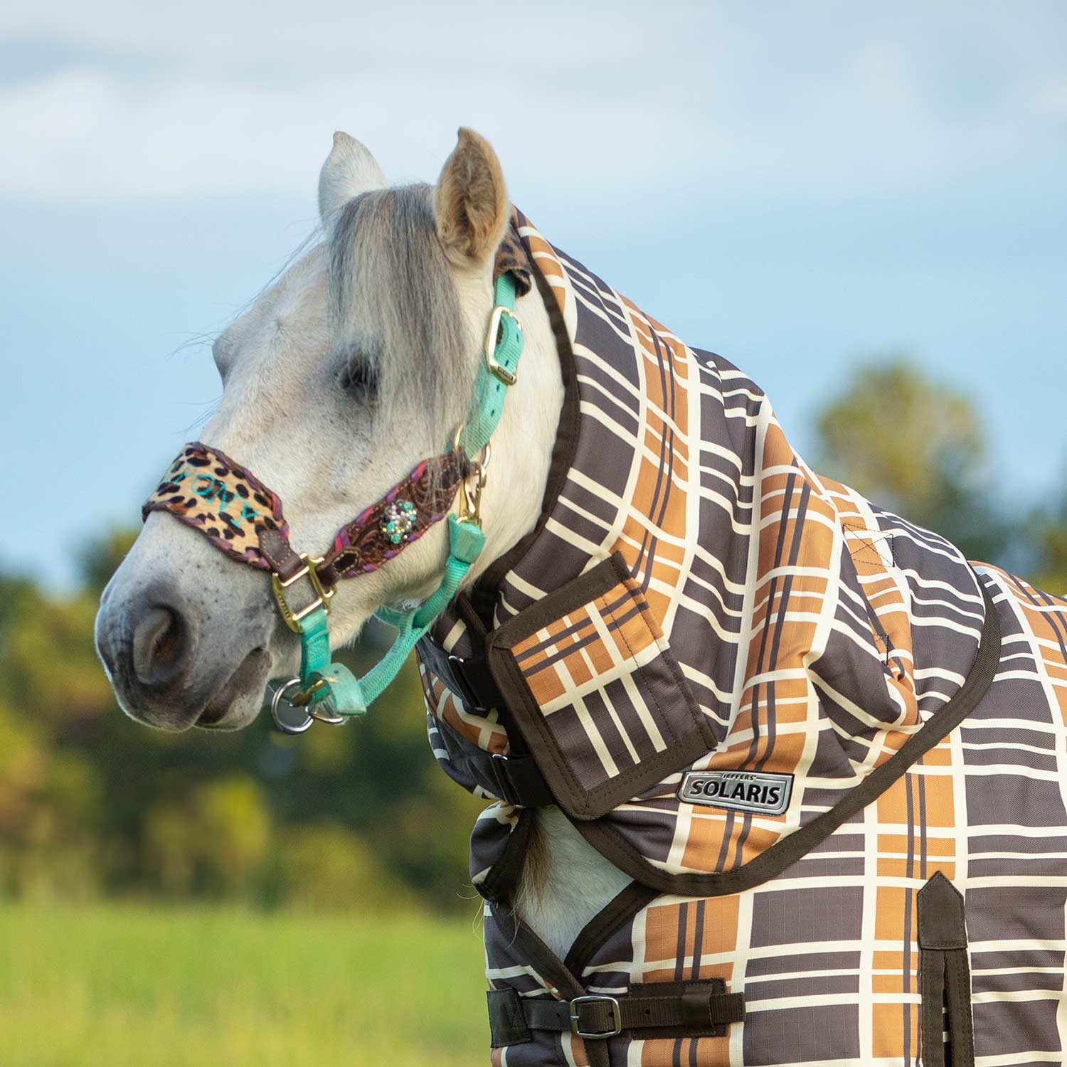 Jeffers Pony Poppins Solaris Horse Neck Rug, 1200 Denier / 240g Fill, Brown & Cream Plaid - Image 1