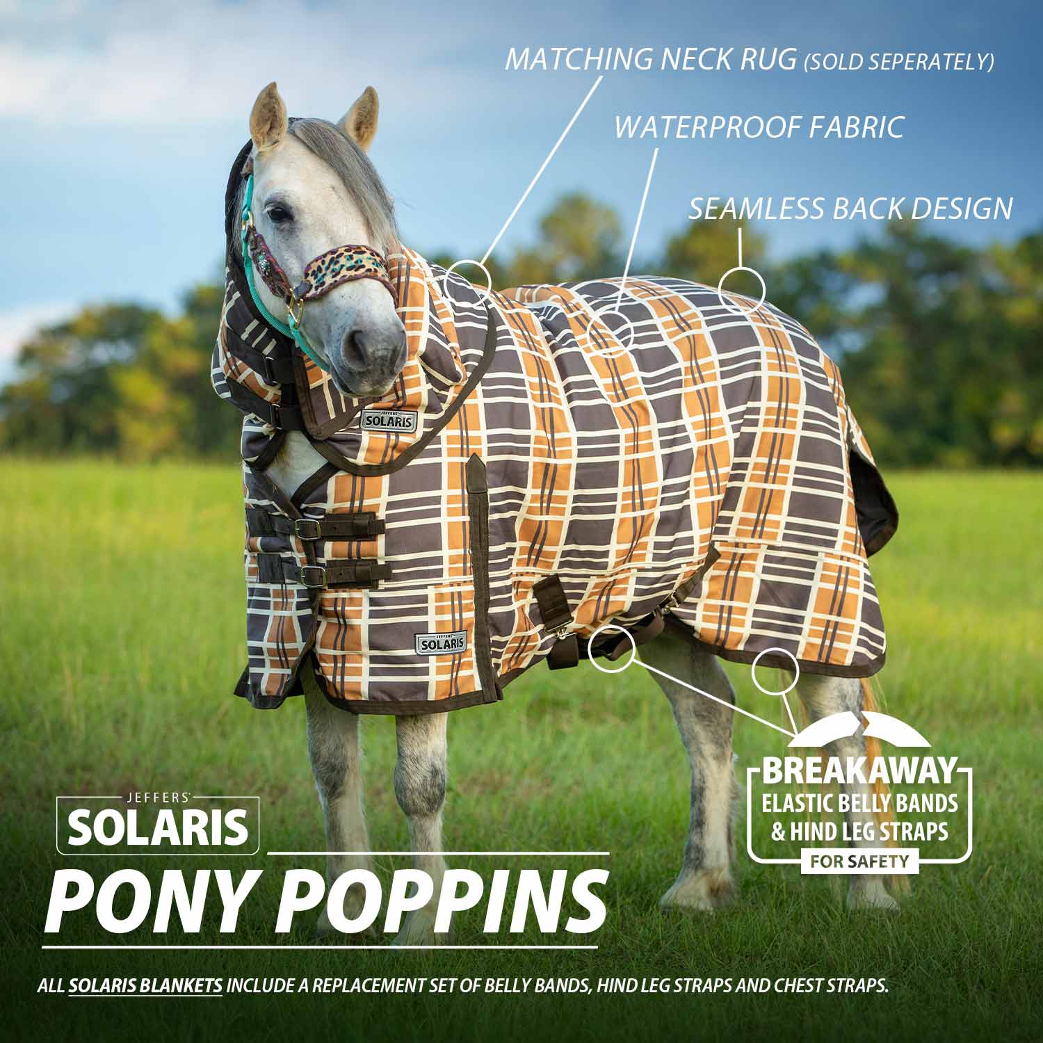 Jeffers Pony Poppins Solaris Horse Turnout Sheet for Ponies, Brown & Cream Plaid - Image 3