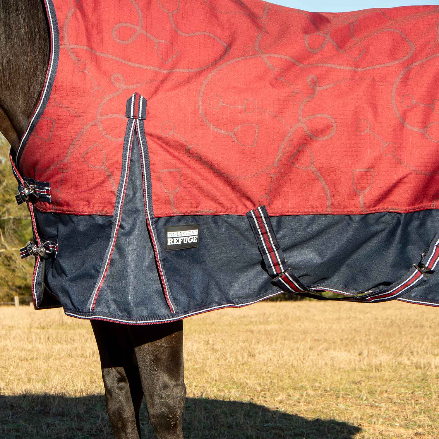 Jeffers Poplar Head Uniquely English 1200 Denier Turnout Blanket with High Neck, 240 Gram, Merlot Snaffles & Irons - Image 3