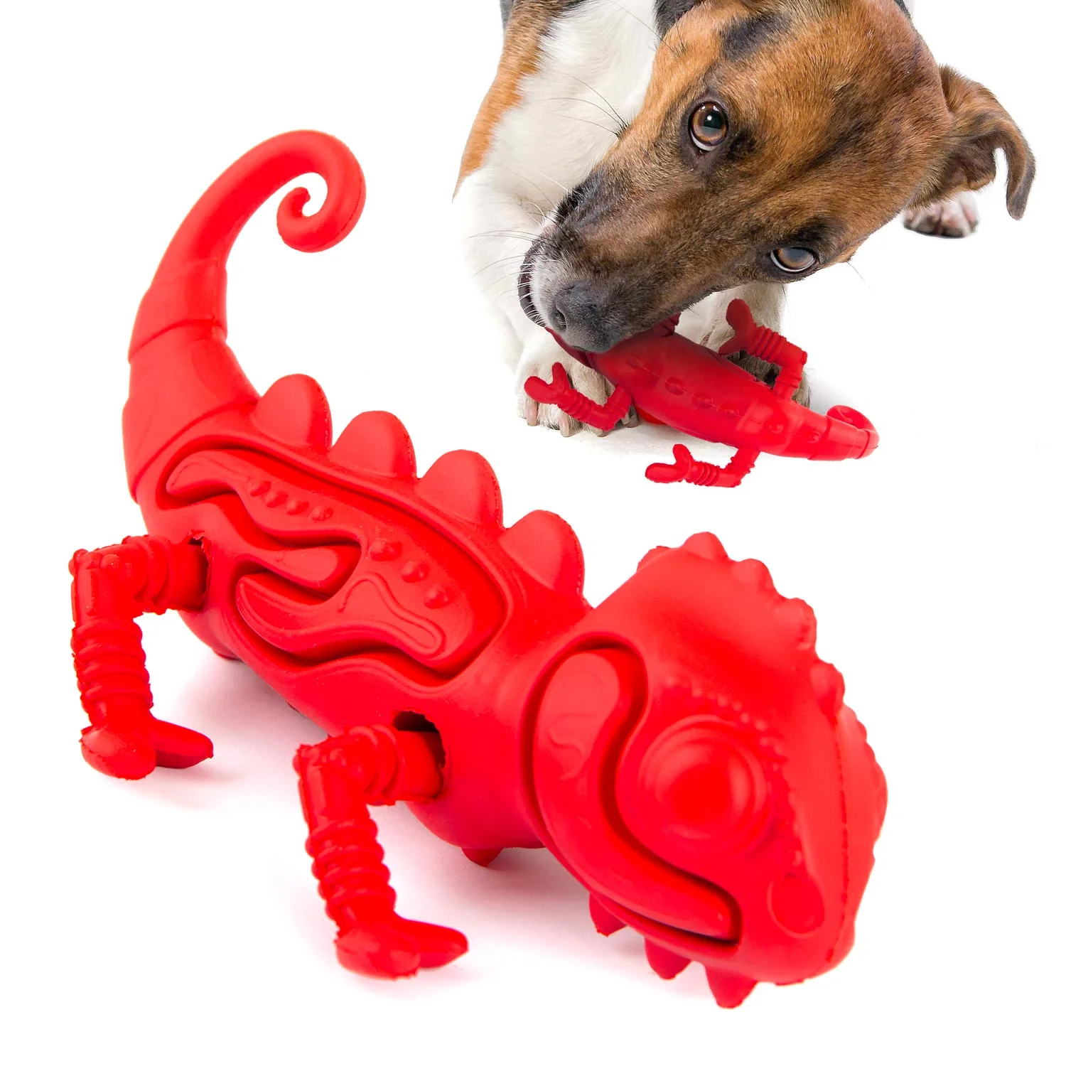Jeffers Red Chameleon Natural Eco-Friendly Rubber Dental Dog Chew Toy for Medium Chewers - Image 1