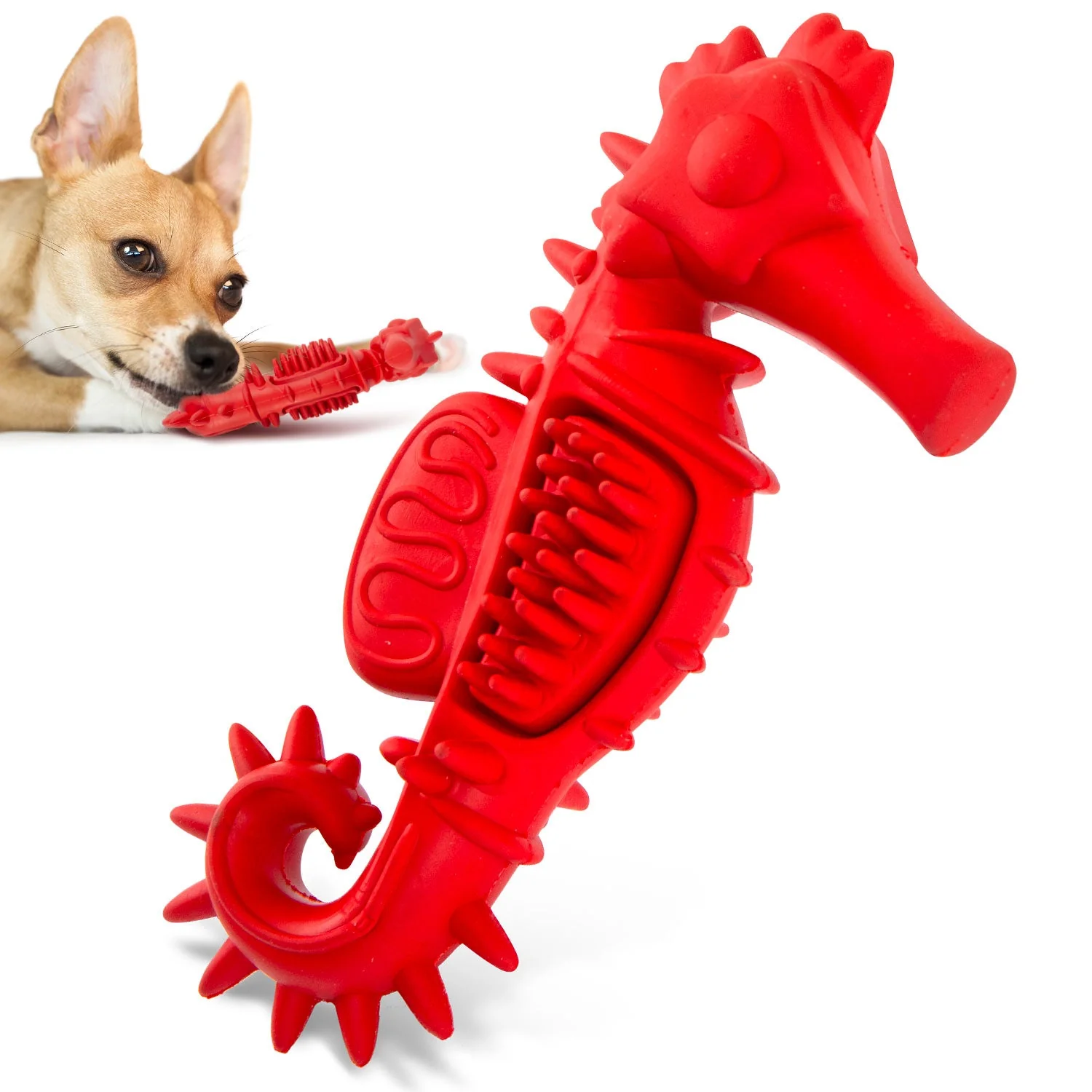 Jeffers Red Seahorse Natural Rubber Dog Chew Toy with Vanilla Scent and Textured Ridges for Dental Health - Image 1