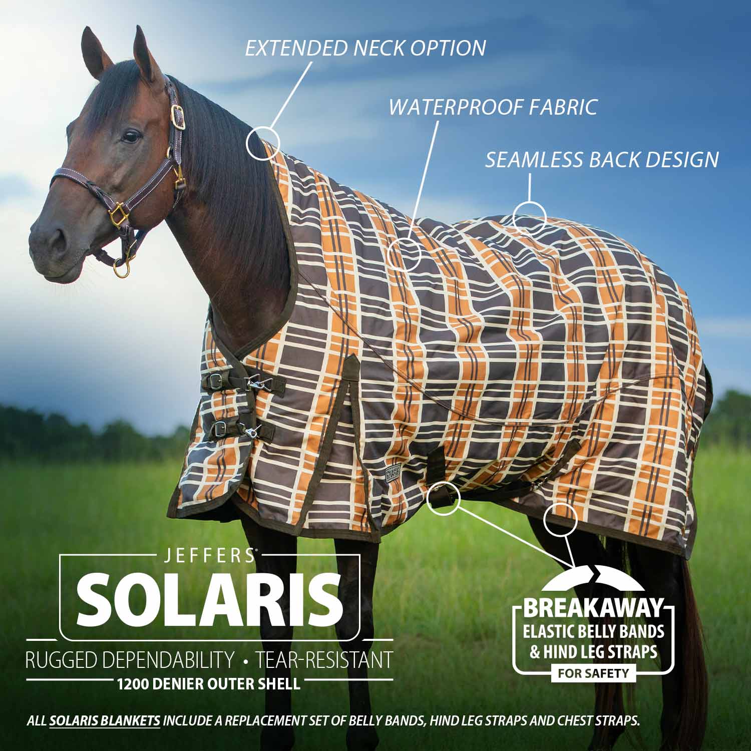 Jeffers Solaris 1200D Extended Neck Horse Turnout Blanket, 360 Gram, Brown & Cream Plaid - Image 2