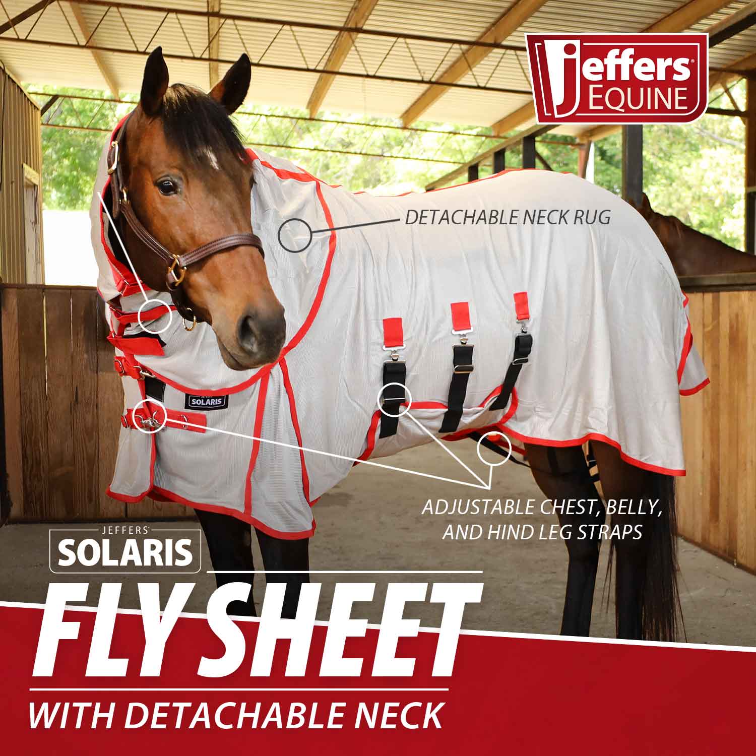 Jeffers Solaris Horse Fly Sheet with Detachable Neck, Grey & Red - Image 3