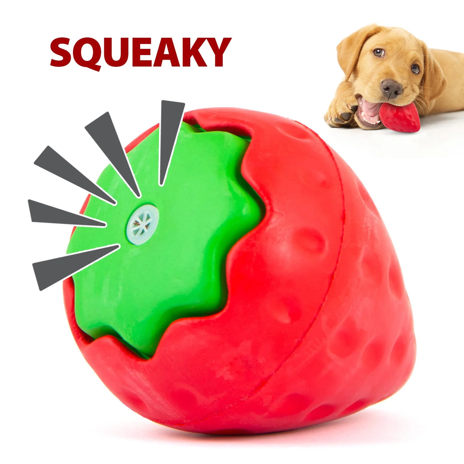Jeffers Squeaky Strawberry Natural Rubber Dog Dental Chew Toy with Squeaker & Vanilla Scent for Medium Chewers - Image 1
