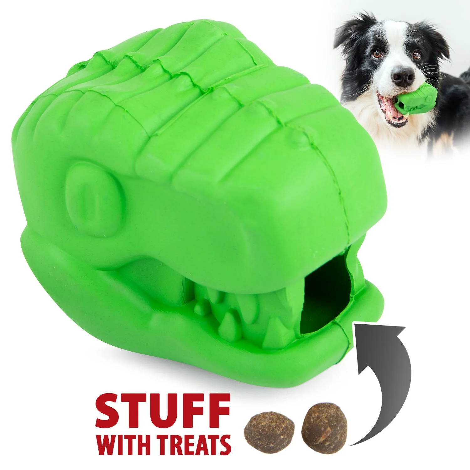Jeffers T-Rex Natural Rubber Treat Dispensing Dental Dog Chew Toy for Medium Chewers with Vanilla Scent - Image 1