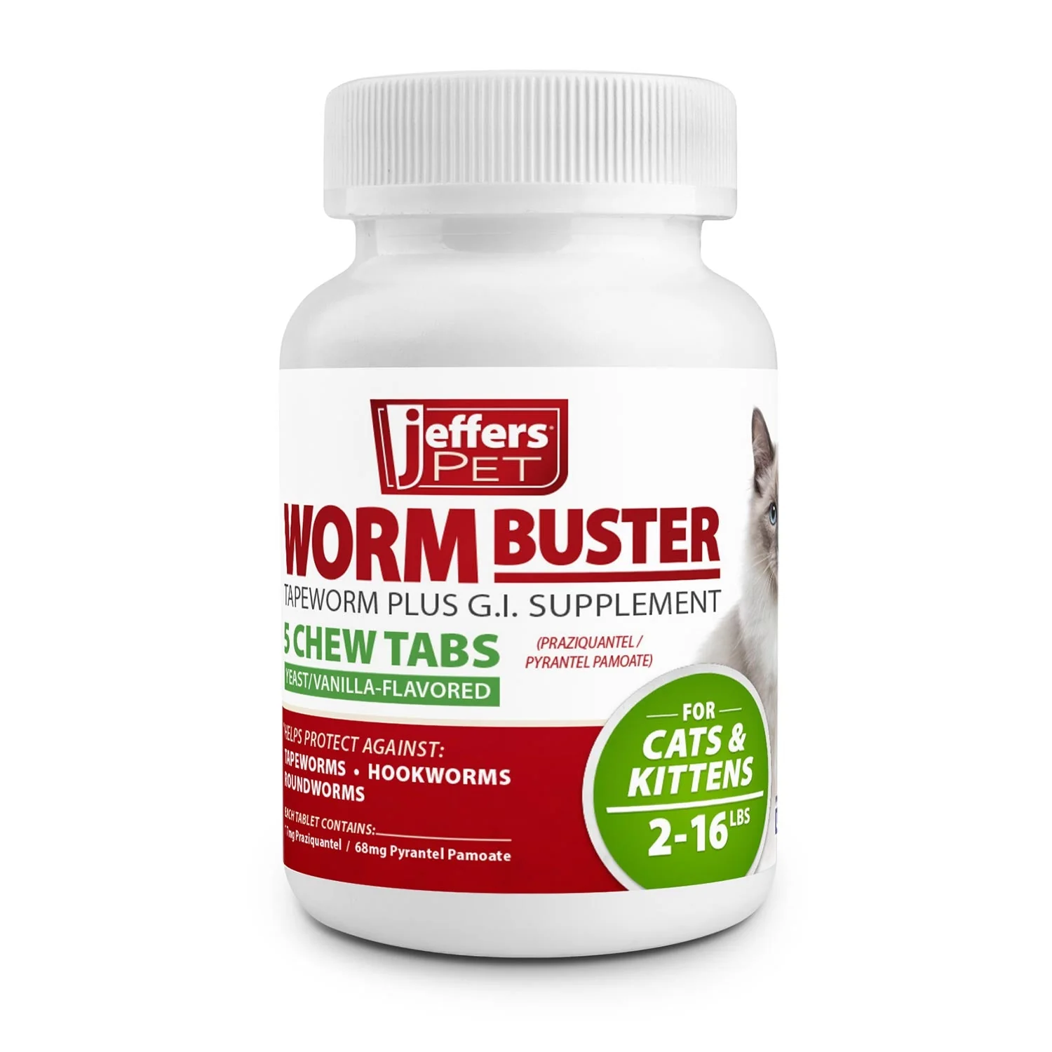 Jeffers WORM BUSTER Cat Dewormer Flavored Tablets with Praziquantel & Pyrantel - Image 1
